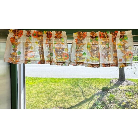 Vintage 1960s curtain valance, orange yellow brown flowers, tier panel, for 1 - Picture 2 of 10